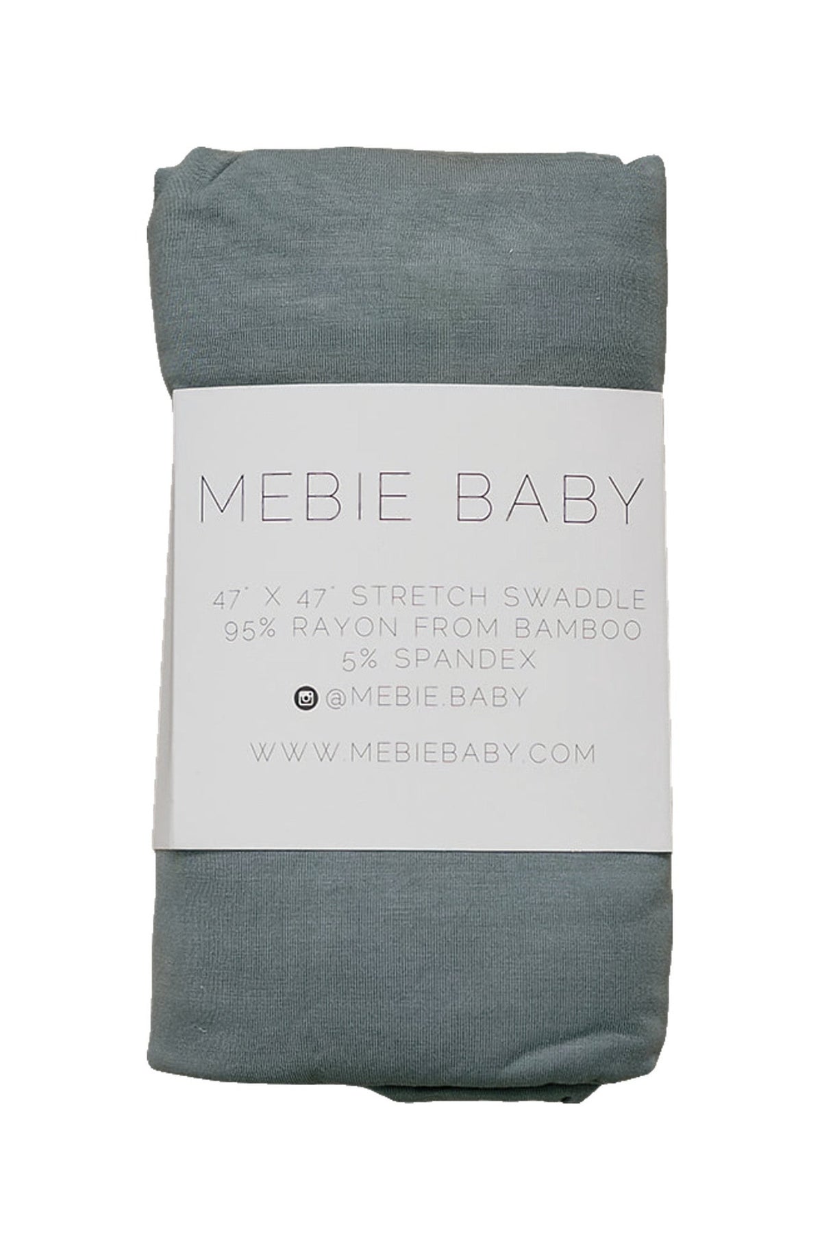 Dusty blue swaddle blanket by Mebie Baby, made from bamboo and spandex, wrapped in branded packaging.
