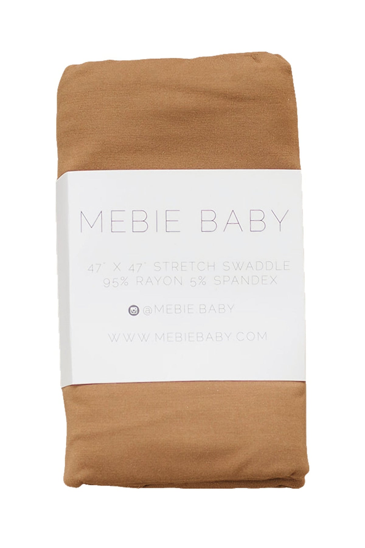 Brown Mebie Baby swaddle blanket wrapped in a branded label, made from 95% rayon and 5% spandex.