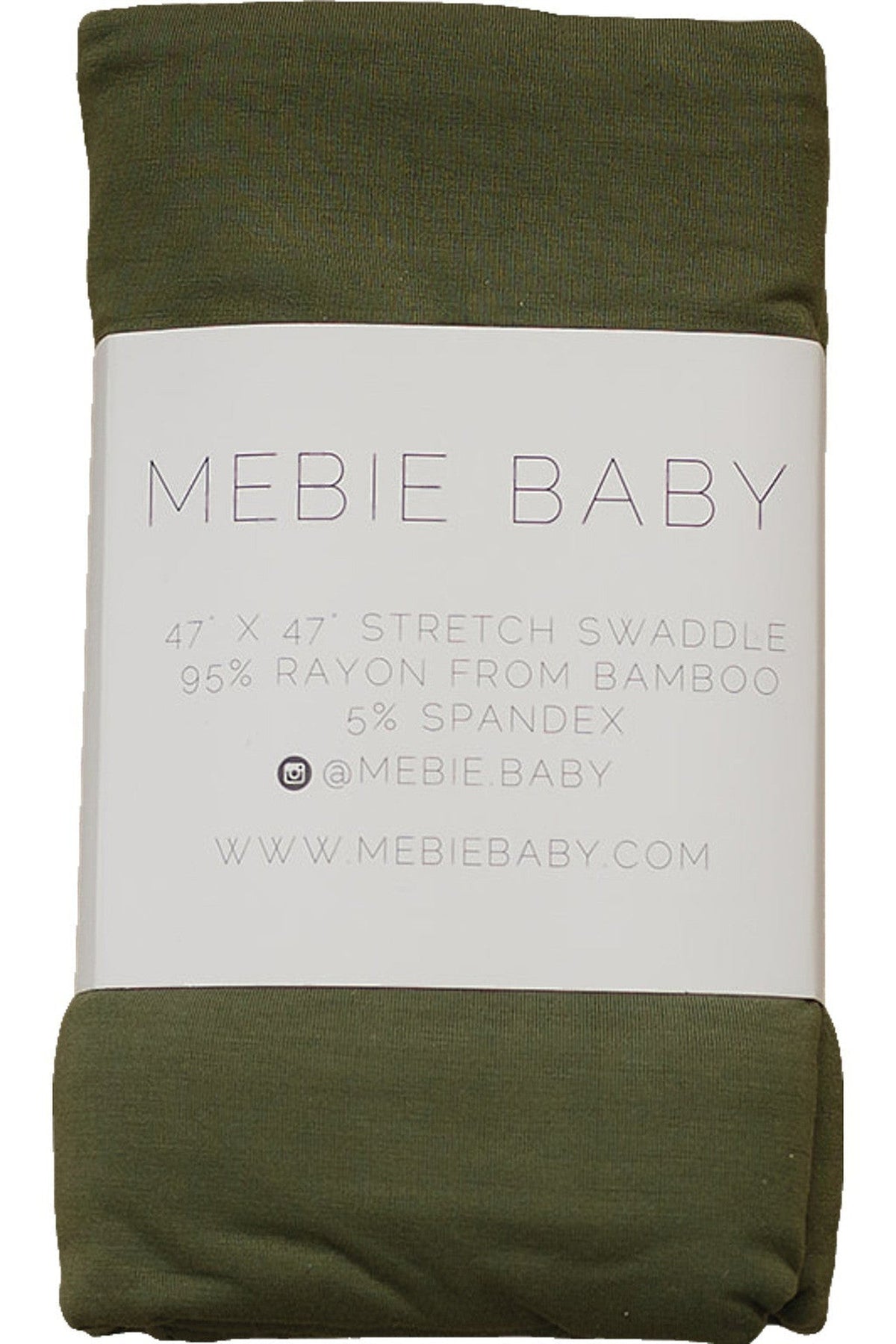 Olive green swaddle blanket made from 95% rayon bamboo and 5% spandex, packaged with Mebie Baby branding.