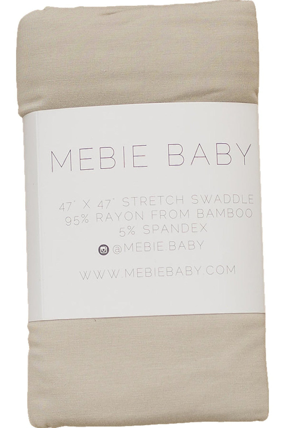 A beige stretch swaddle blanket made from 95% bamboo rayon and 5% spandex, labeled Mebie Baby.