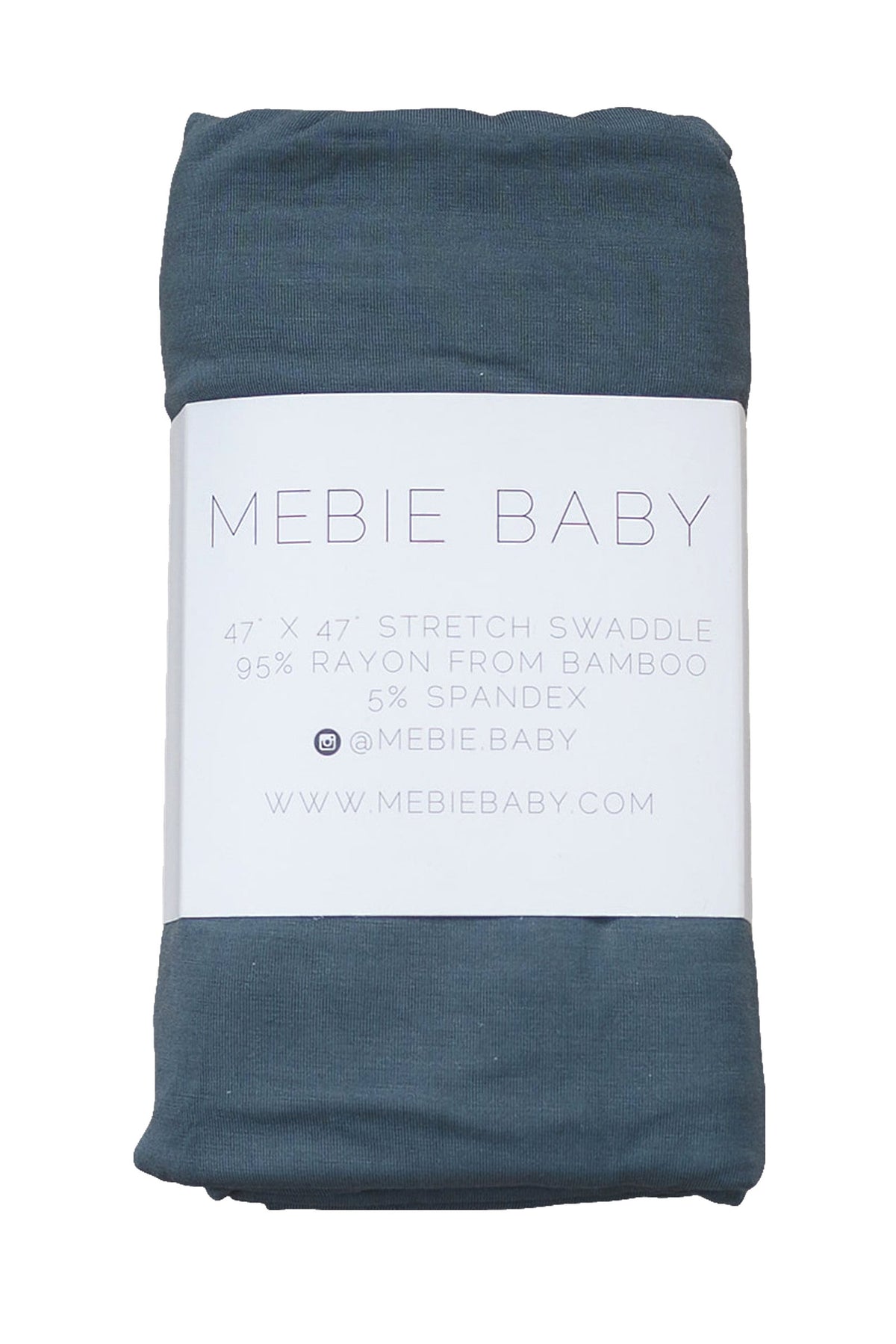 Mebie Baby charcoal swaddle blanket made from bamboo, neatly folded with a branded label displaying product details.
