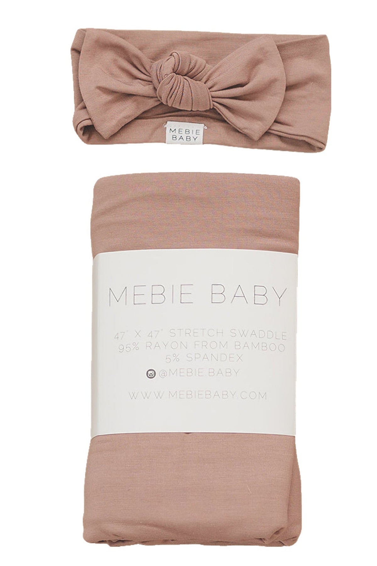 Dusty rose swaddle blanket and head wrap set by Mebie Baby, crafted from bamboo fabric with a soft texture.