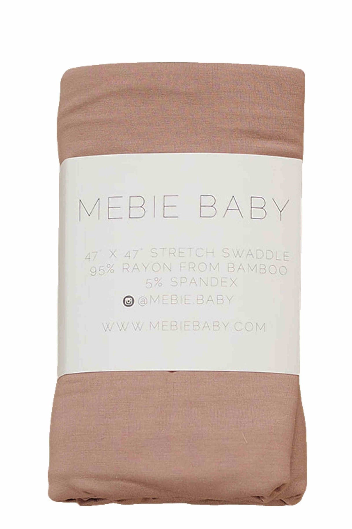 Dusty rose swaddle blanket with Mebie Baby label, made from bamboo and spandex, rolled and packaged.