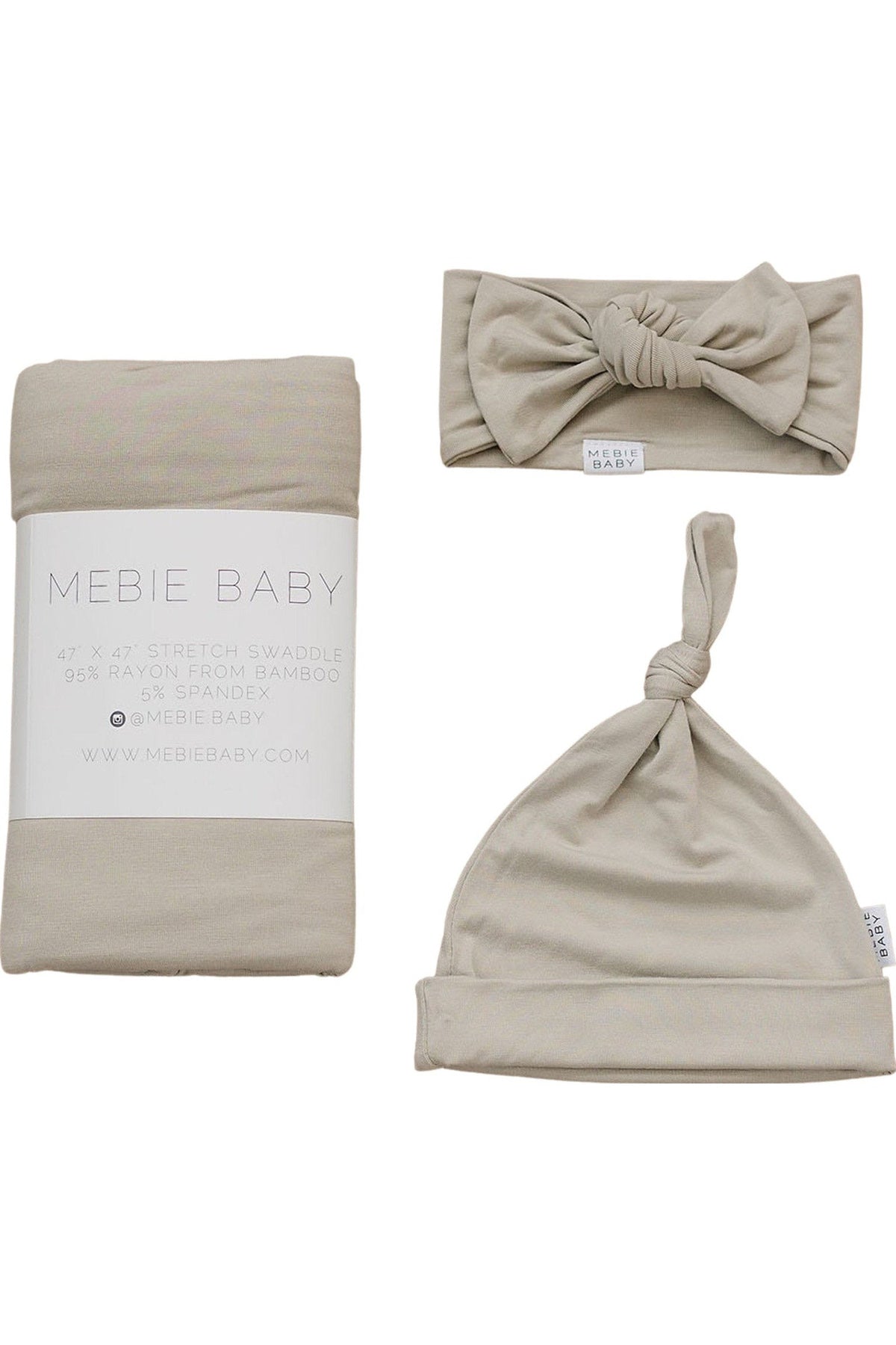 Beige bamboo swaddle set includes a soft blanket, knotted hat, and bow head wrap by Mebie Baby.