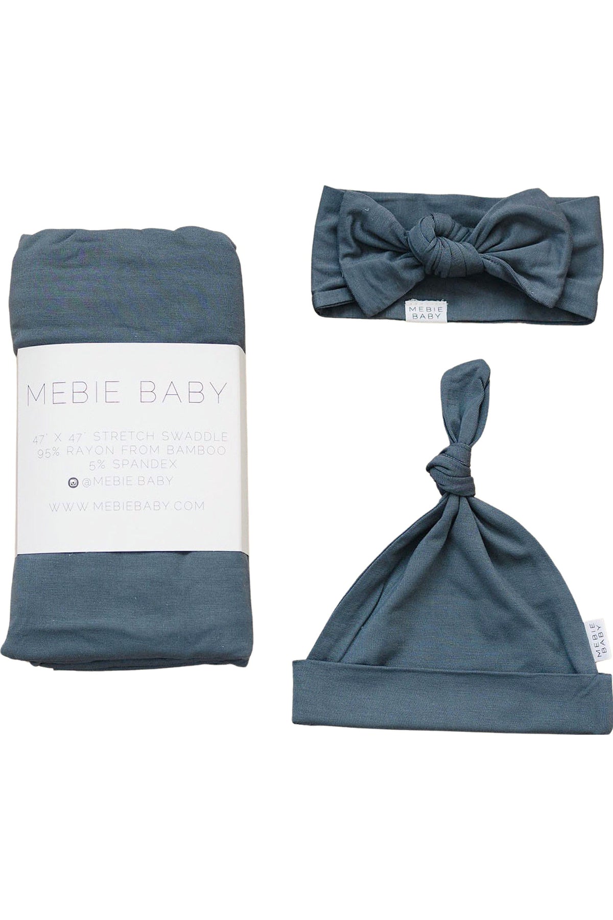 Dusty blue Mebie Baby swaddle set includes a bamboo stretch blanket, headband, and knotted hat.