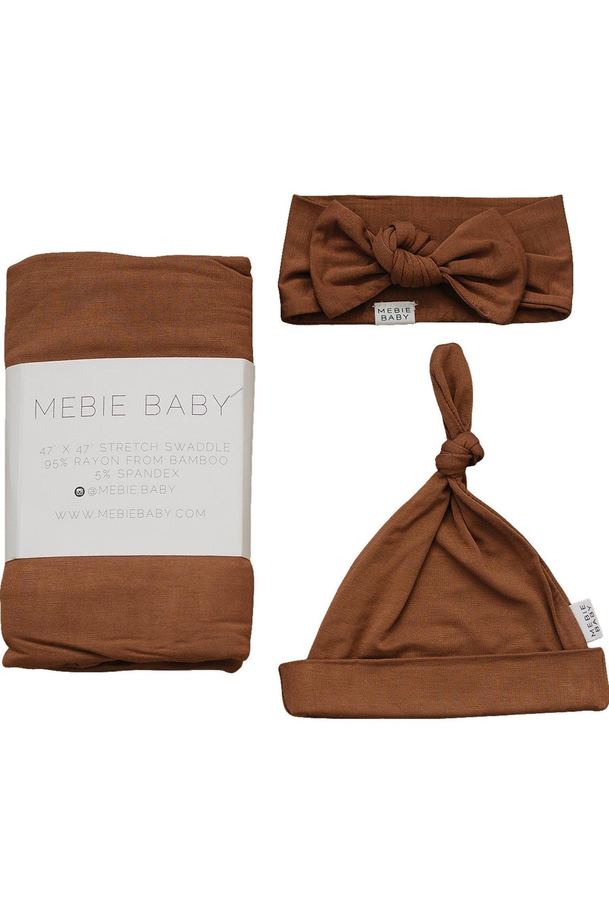 Rust-colored Mebie Baby swaddle set with bamboo hat and head wrap, featuring soft and stretchy fabric.