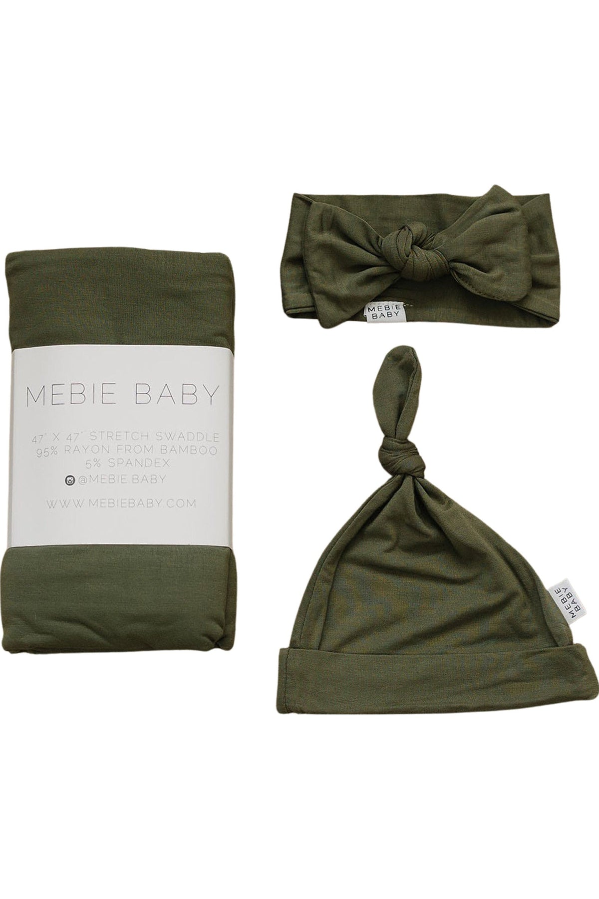 Olive green swaddle set with hat and head wrap, made from bamboo fabric by Mebie Baby.