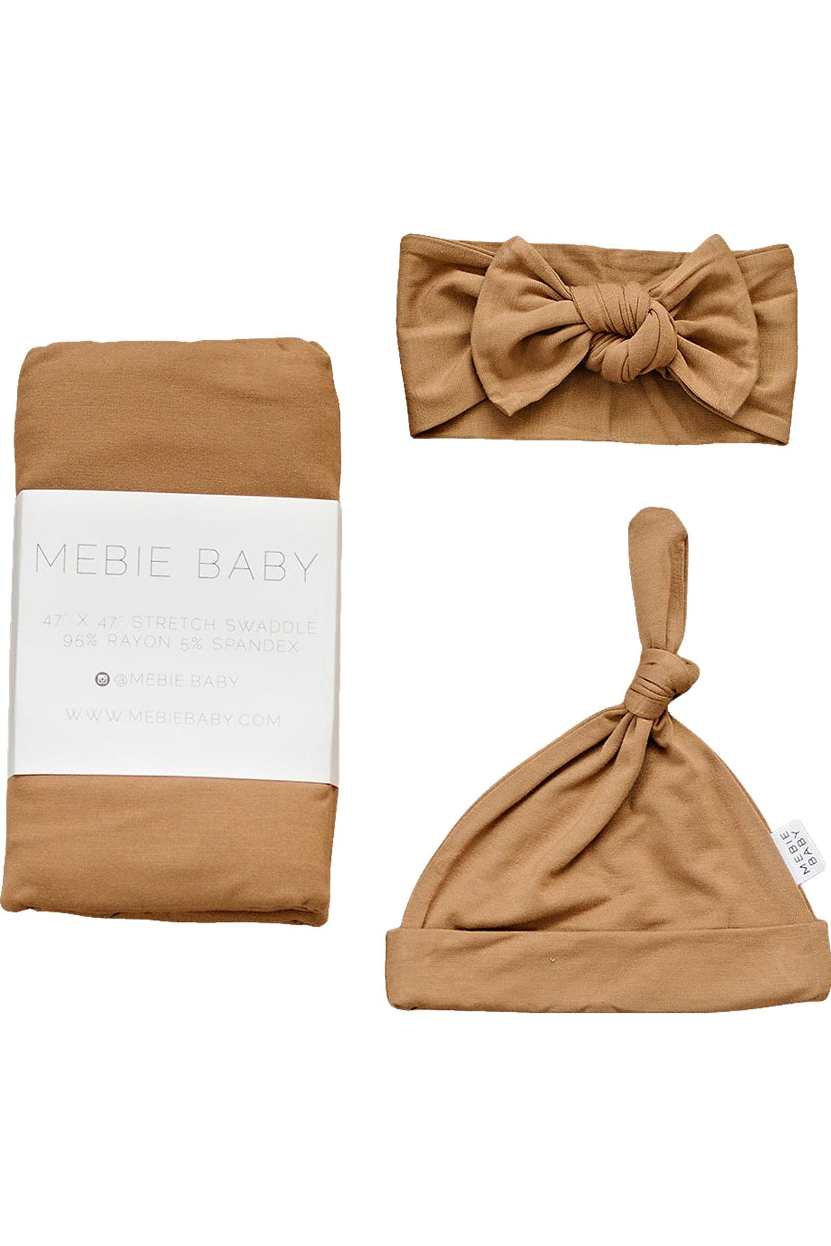 Mebie Baby mustard-colored swaddle set including a bamboo swaddle, hat, and head wrap on a white background.