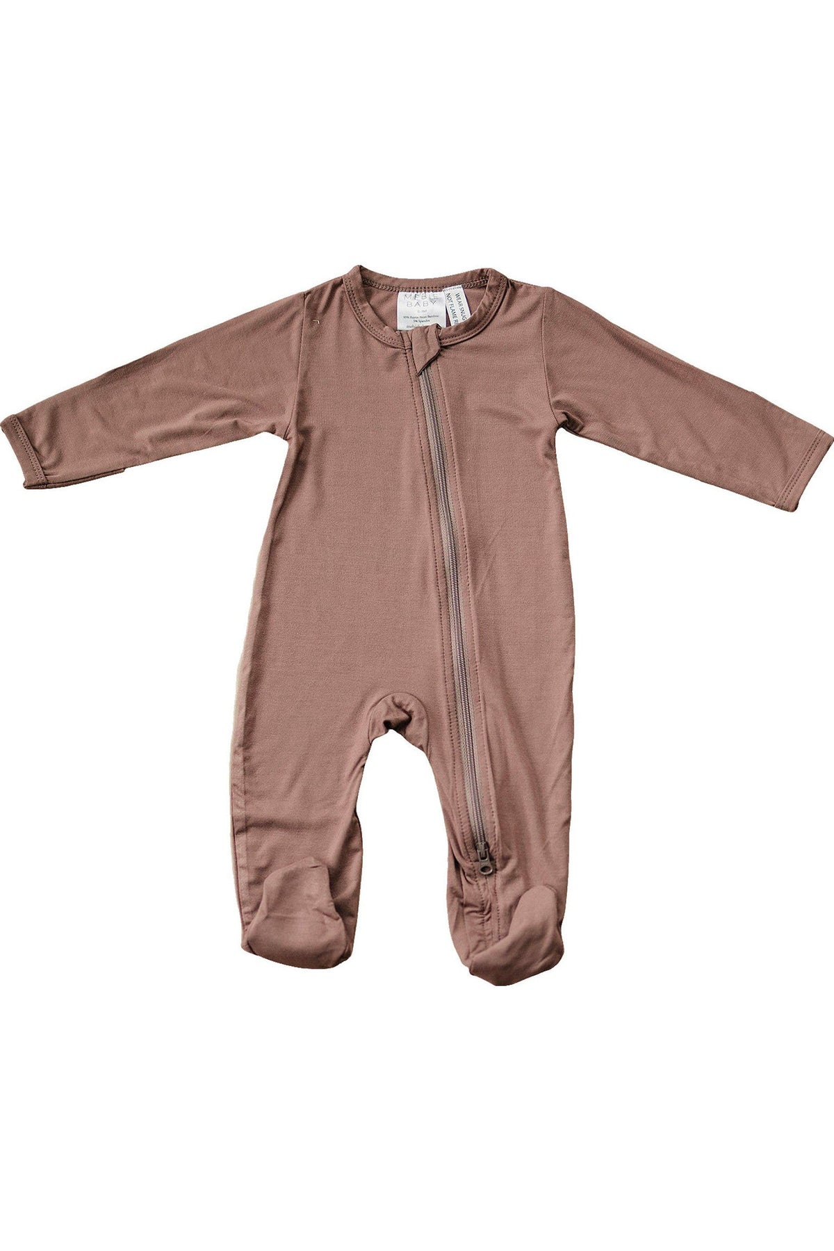 Plum-colored footed baby pajama with a front zipper, made from soft bamboo fabric. Suitable for infants.