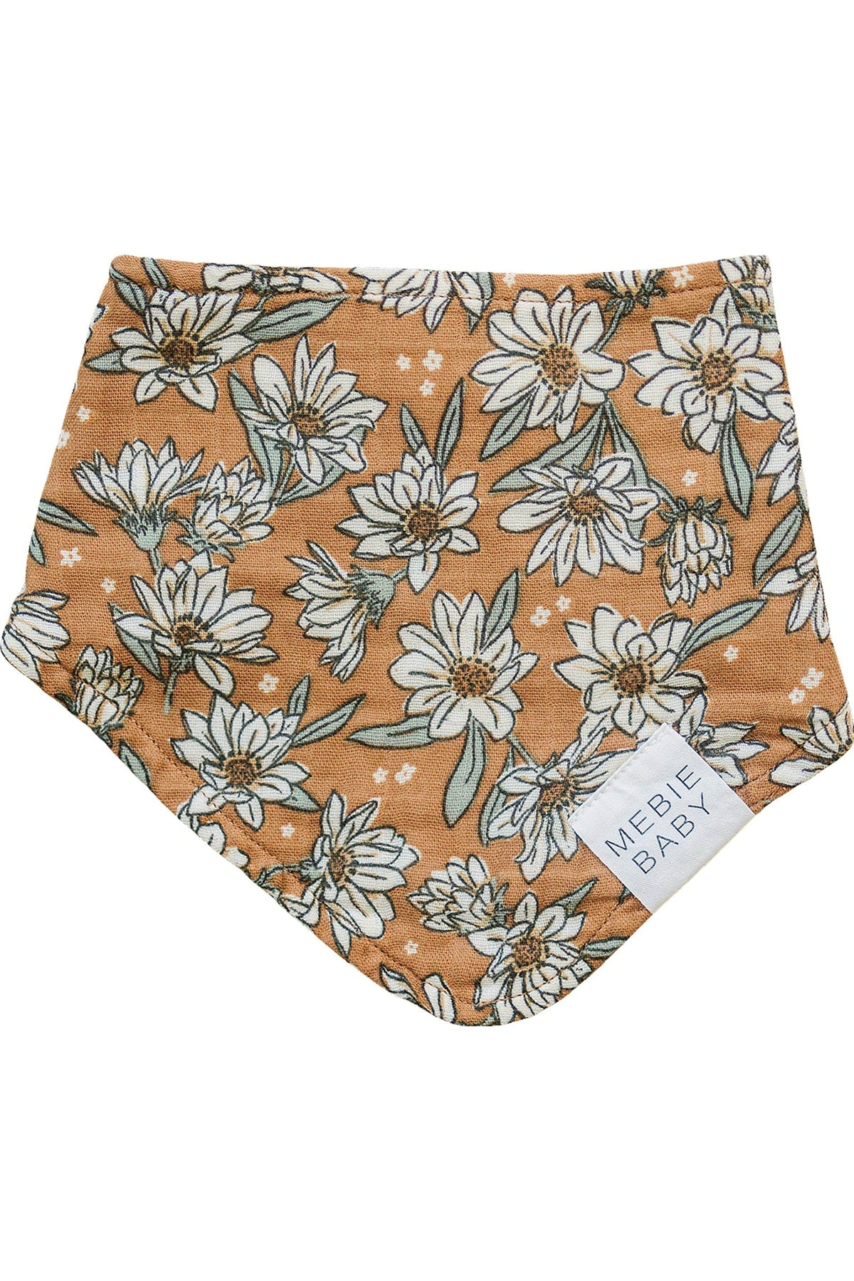 Mebie Baby bib featuring a floral pattern on a brown background, crafted from soft muslin cotton fabric.