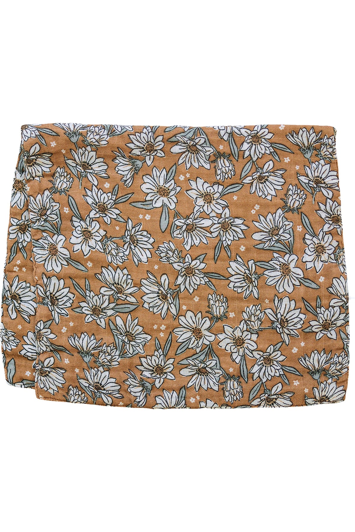 Floral-patterned, brown muslin burp cloth featuring white magnolia flowers, made from soft, absorbent cotton.
