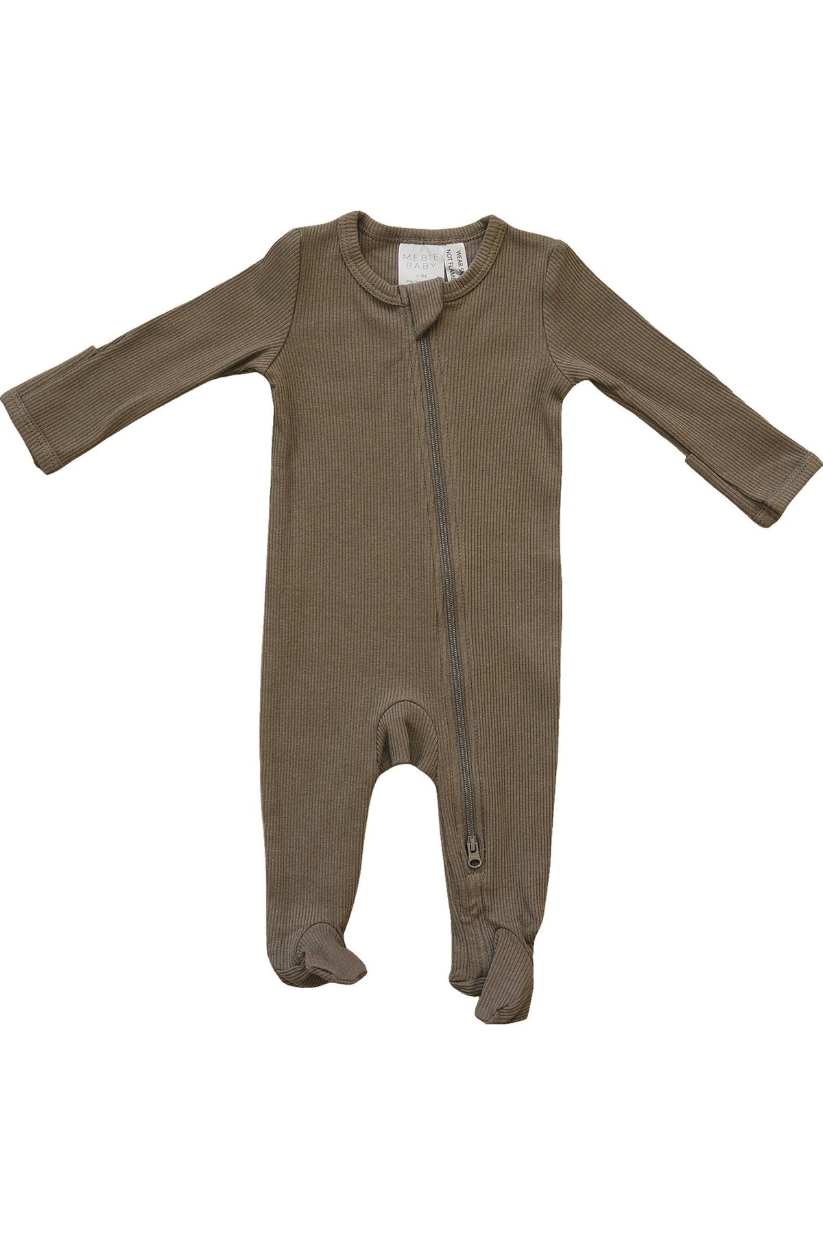 Brown ribbed baby footed pajama with a diagonal zipper, made from organic cotton. Ideal for comfort and convenience.