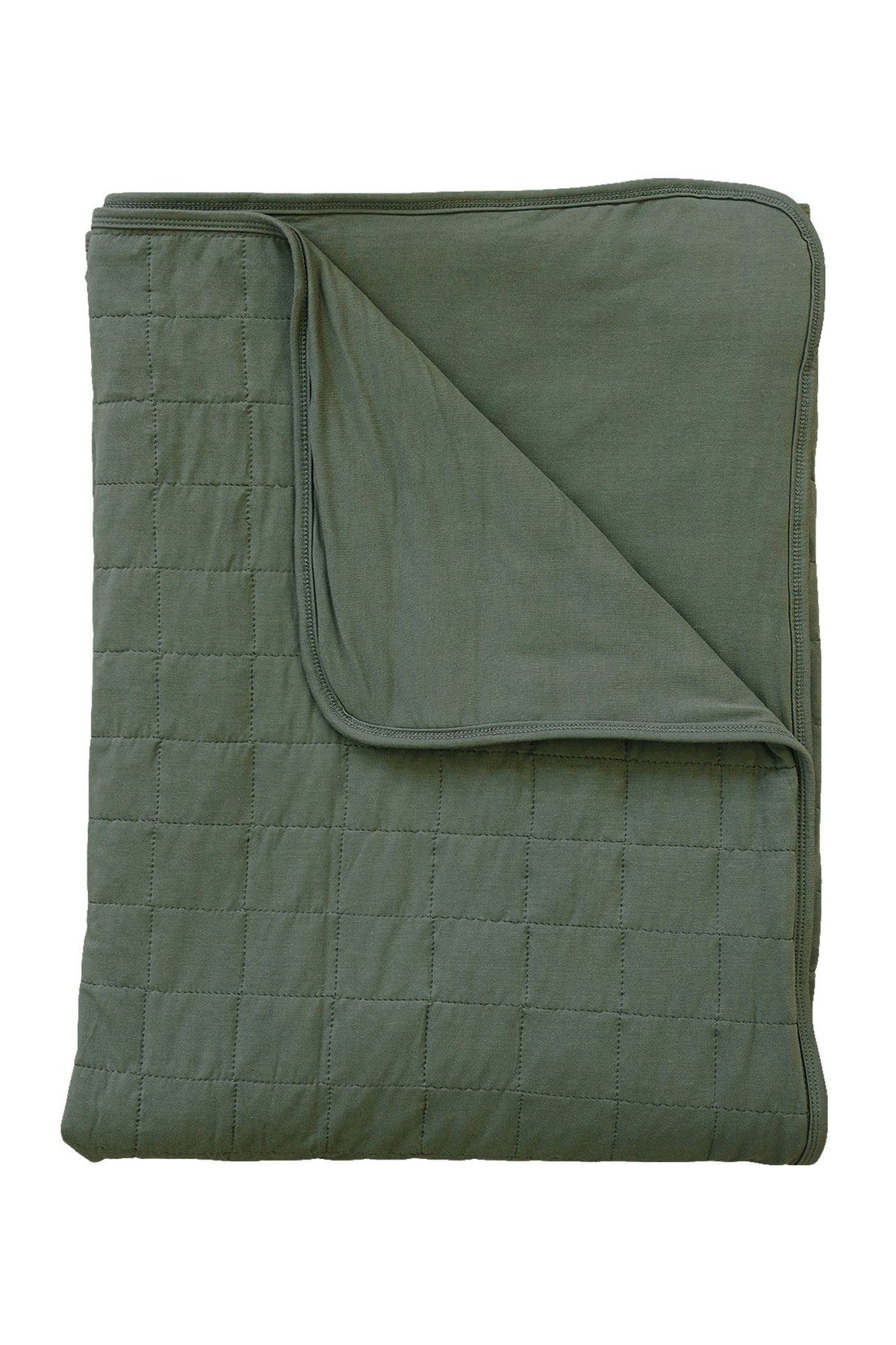 Olive green quilt with a grid pattern and folded corner, made from soft bamboo fabric.