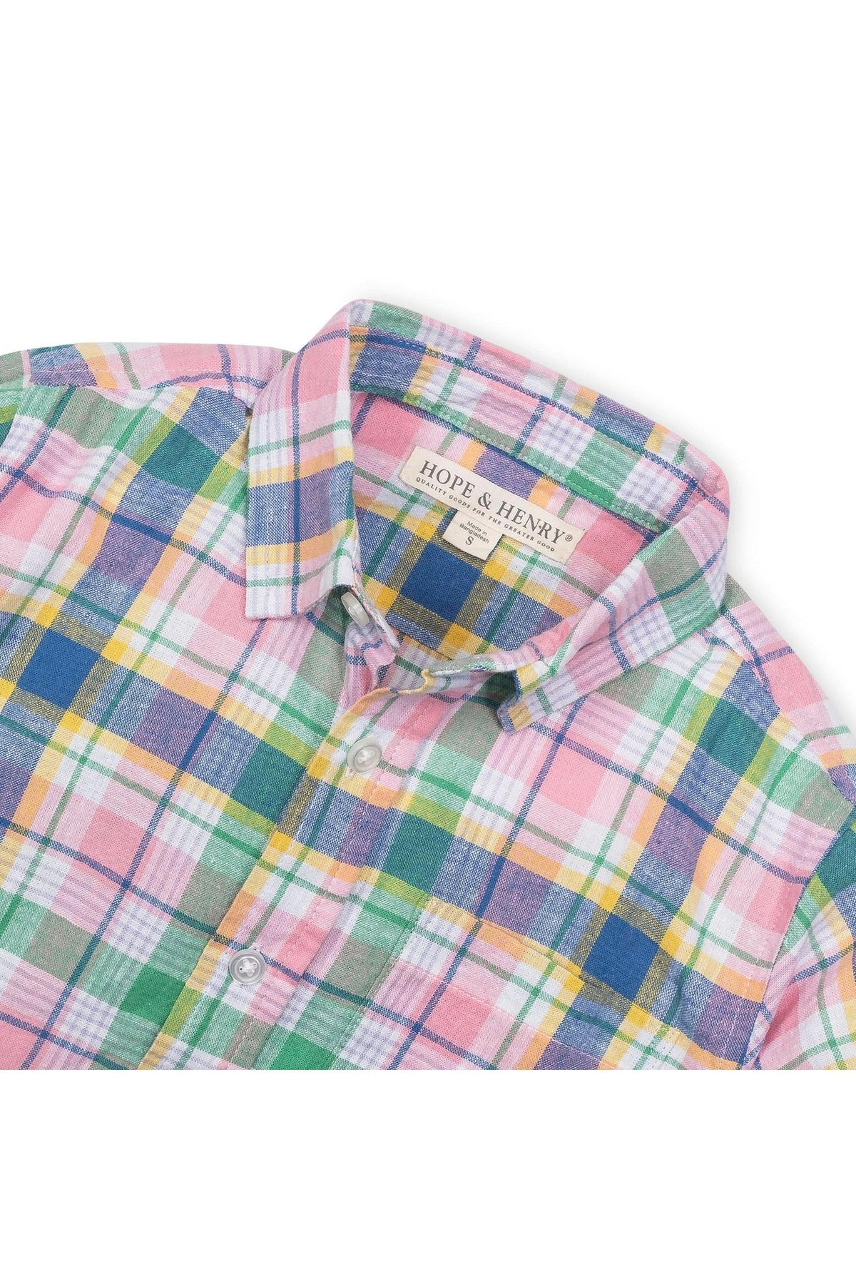 Colorful plaid button-down shirt featuring shades of pink, green, blue, and yellow, made by Hope & Henry.