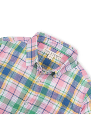 Colorful plaid button-down shirt featuring shades of pink, green, blue, and yellow, made by Hope & Henry.