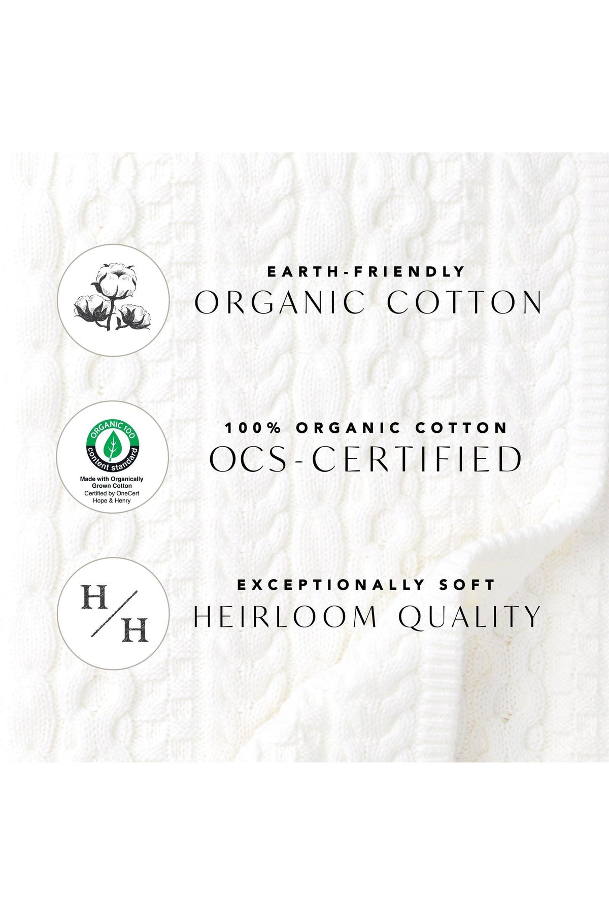 Close-up of a textured white fabric showcasing a cable knit pattern, with labels indicating it is made from 100% organic cotton and is OCS-certified for sustainability.