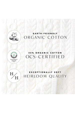 White fabric featuring a textured knit pattern, with labels indicating organic cotton, OCS certification, and heirloom quality attributes.