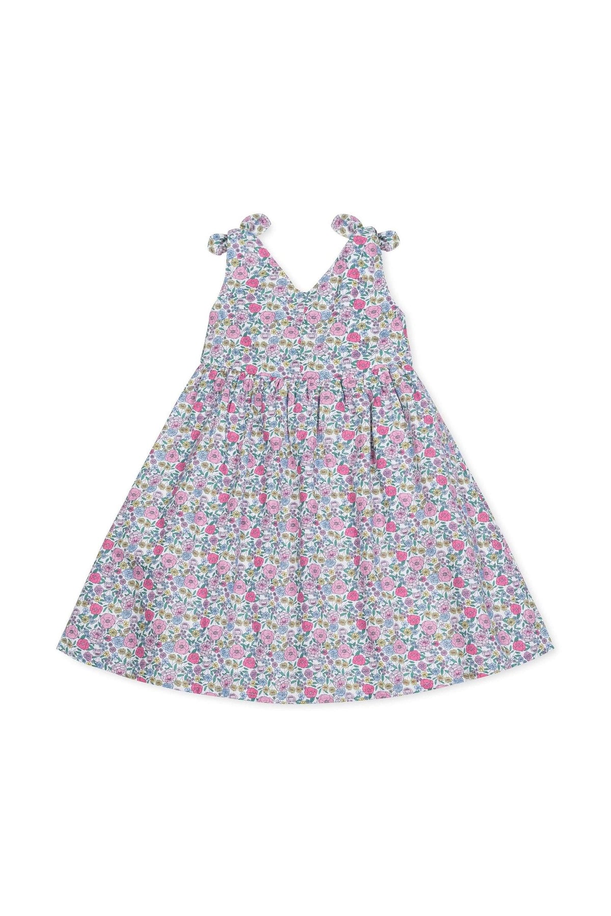 A floral linen dress for girls featuring bow shoulder straps, a v-neck silhouette, and a full skirt. Ideal for toddlers and kids, this dress combines comfort with a charming style.
