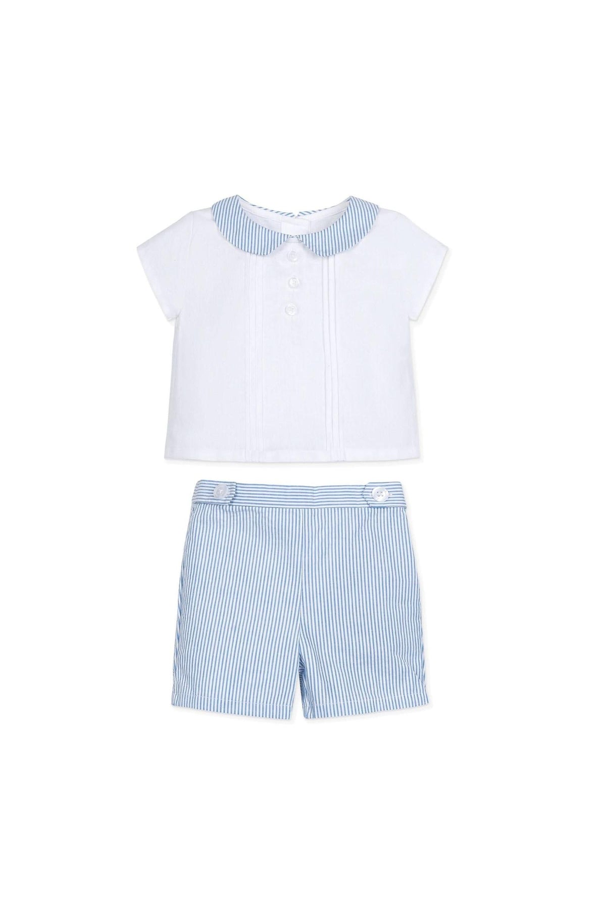 A two-piece baby boys outfit featuring a white short-sleeve shirt with a blue striped Peter Pan collar and matching striped.