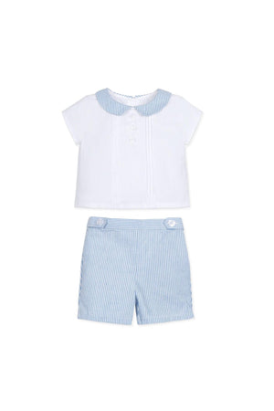 A two-piece baby boys outfit featuring a white short-sleeve shirt with a blue striped Peter Pan collar and matching striped.
