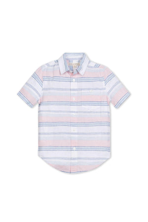 Lightweight, short-sleeve button-down shirt for boys featuring a pastel striped pattern in pink and blue. Made from breathable linen, it includes a functional chest pocket for added style.