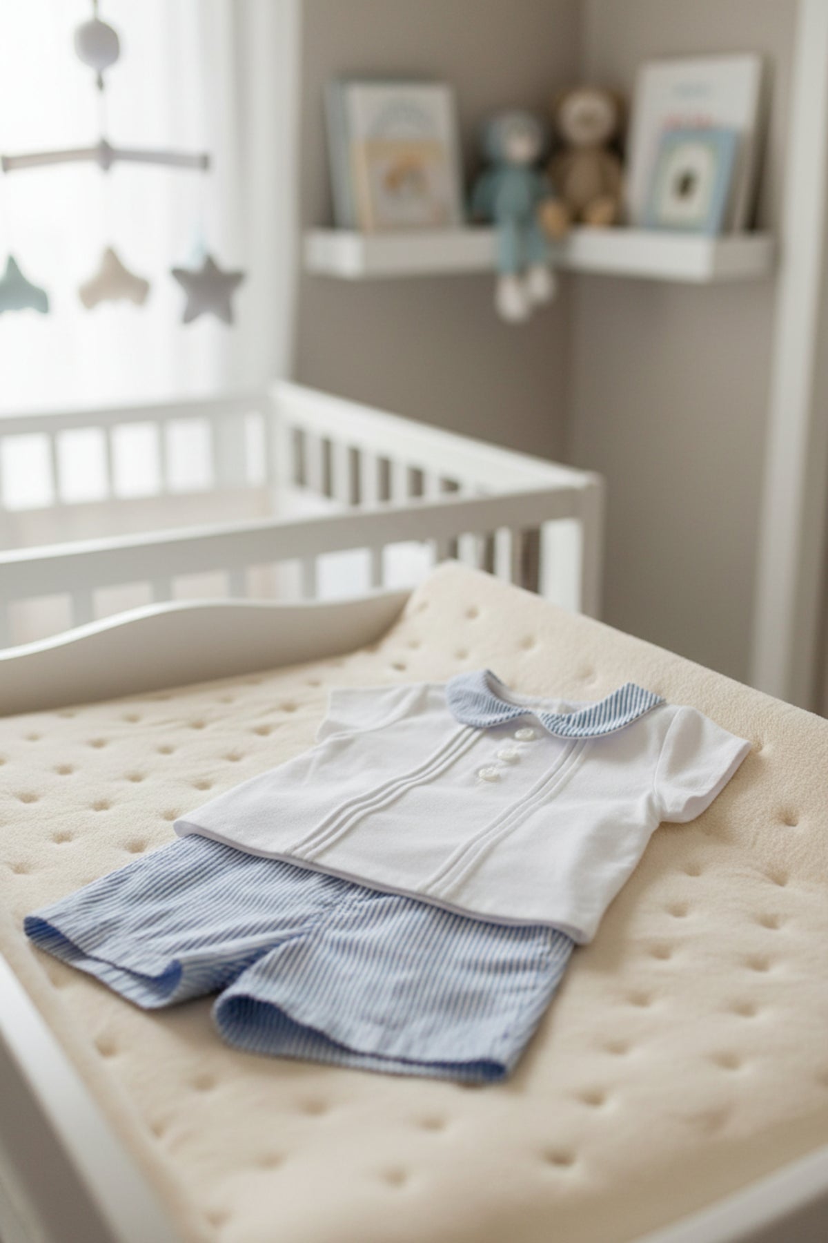 A white short-sleeve shirt with a blue-striped collar is paired with matching blue-striped shorts, displayed on a soft changing pad.