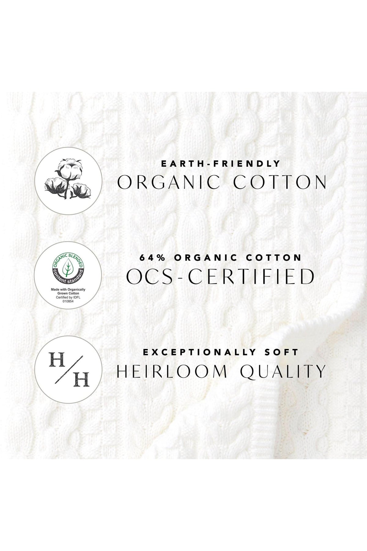A textured white fabric featuring organic cotton branding, highlighting its exceptional softness and heirloom quality attributes.