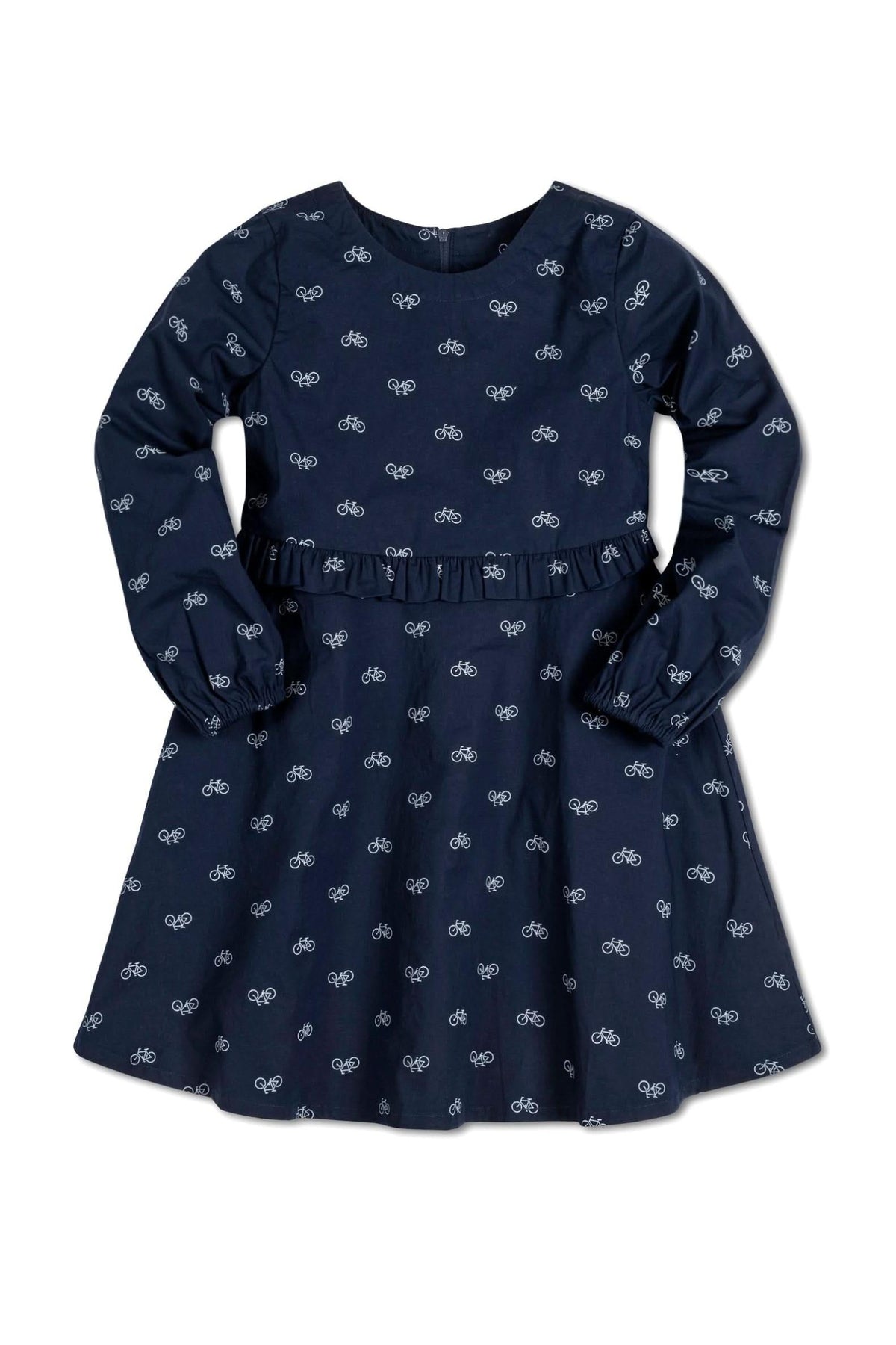 Navy long-sleeve dress featuring a bicycle print and a ruffle detail at the waist, made from organic cotton.