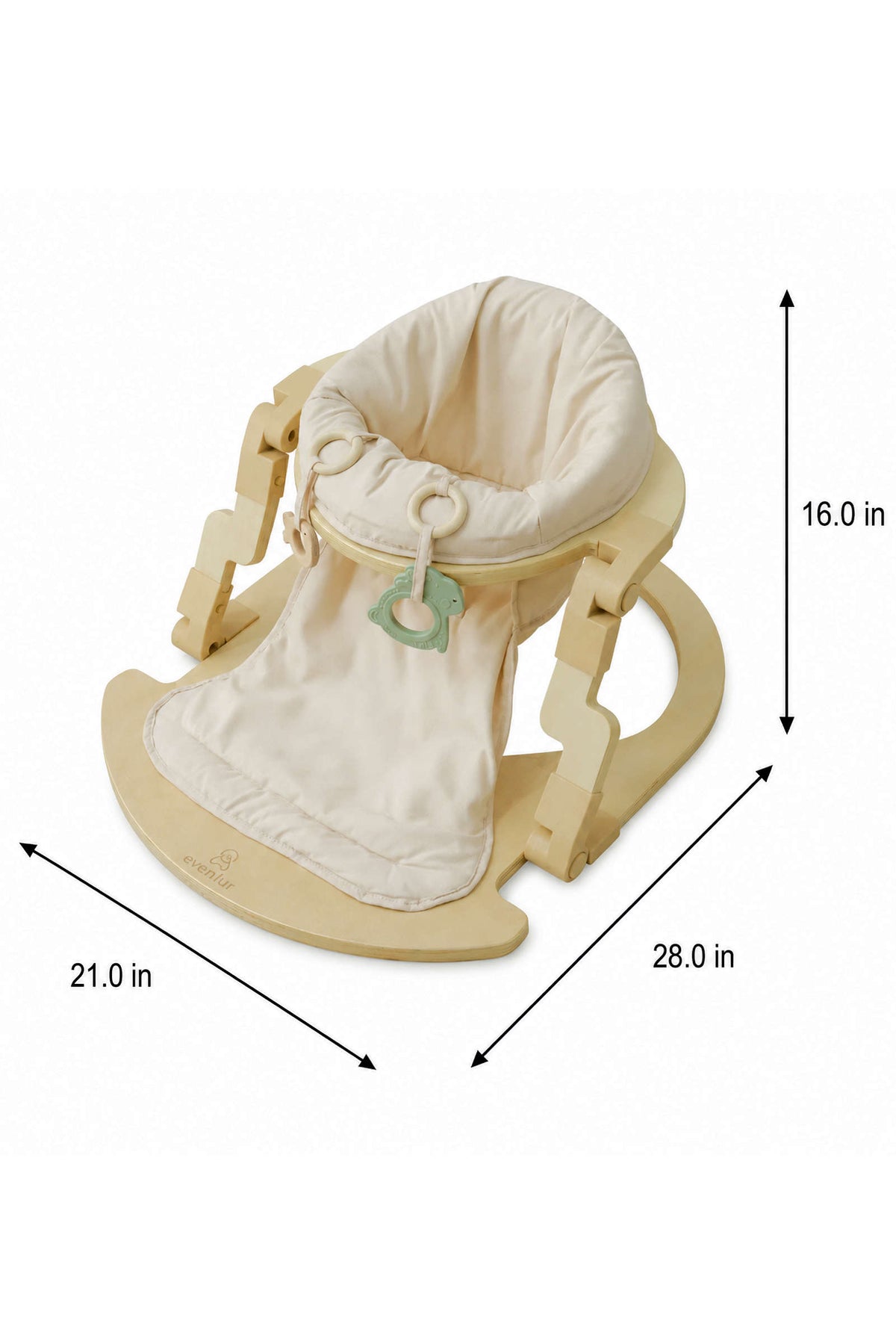 A foldable wooden baby activity seat by Oakling features a natural wood finish and a soft, cream-colored fabric seat. It measures 21 inches in height and 28 inches in width.
