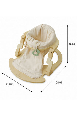 A foldable wooden baby activity seat by Oakling features a natural wood finish and a soft, cream-colored fabric seat. It measures 21 inches in height and 28 inches in width.