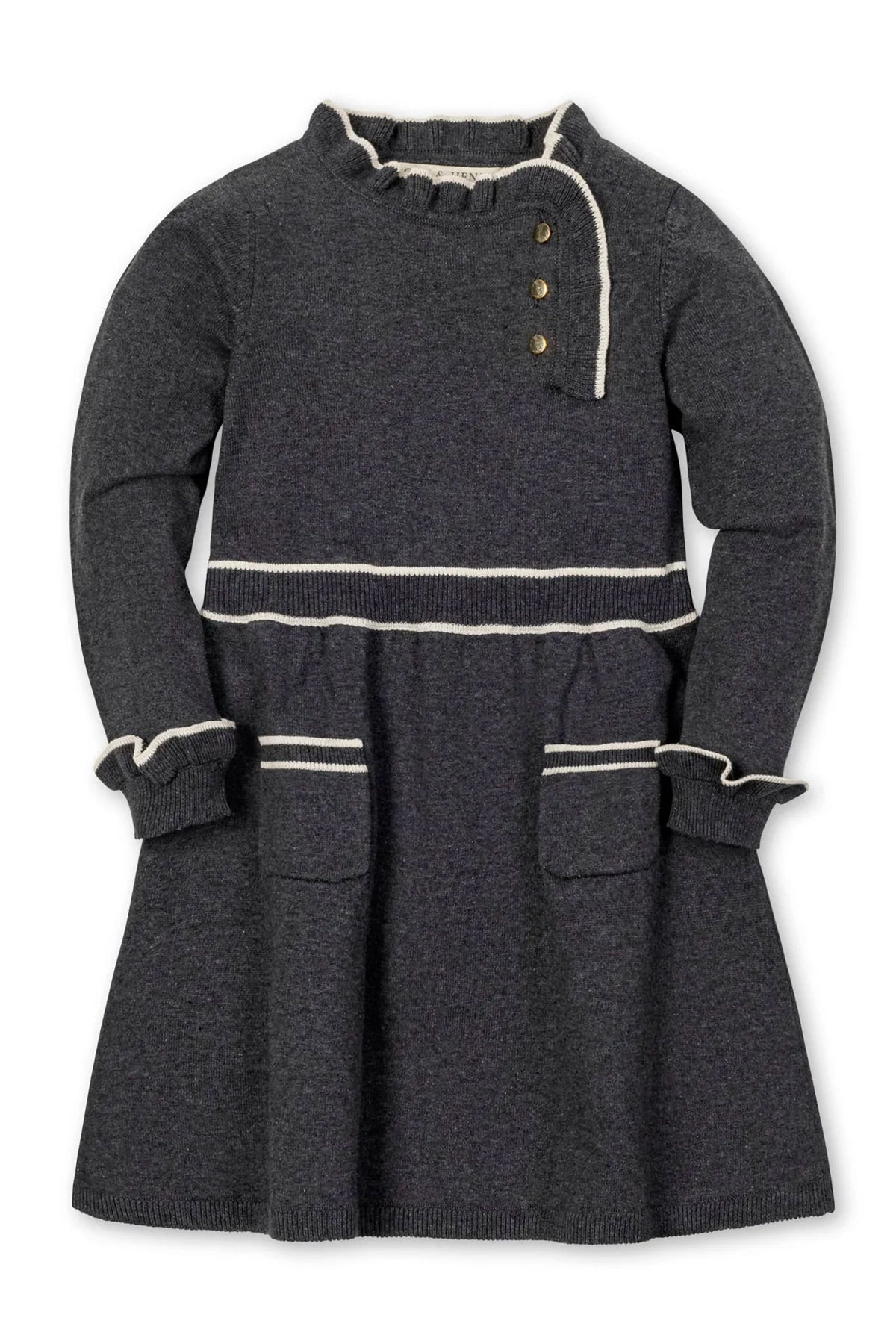 Charcoal gray organic cotton sweater dress featuring ruffle trim, gold buttons, and front patch pockets, ideal for toddlers and kids.
