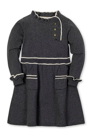 Charcoal gray organic cotton sweater dress featuring ruffle trim, gold buttons, and front patch pockets, ideal for toddlers and kids.