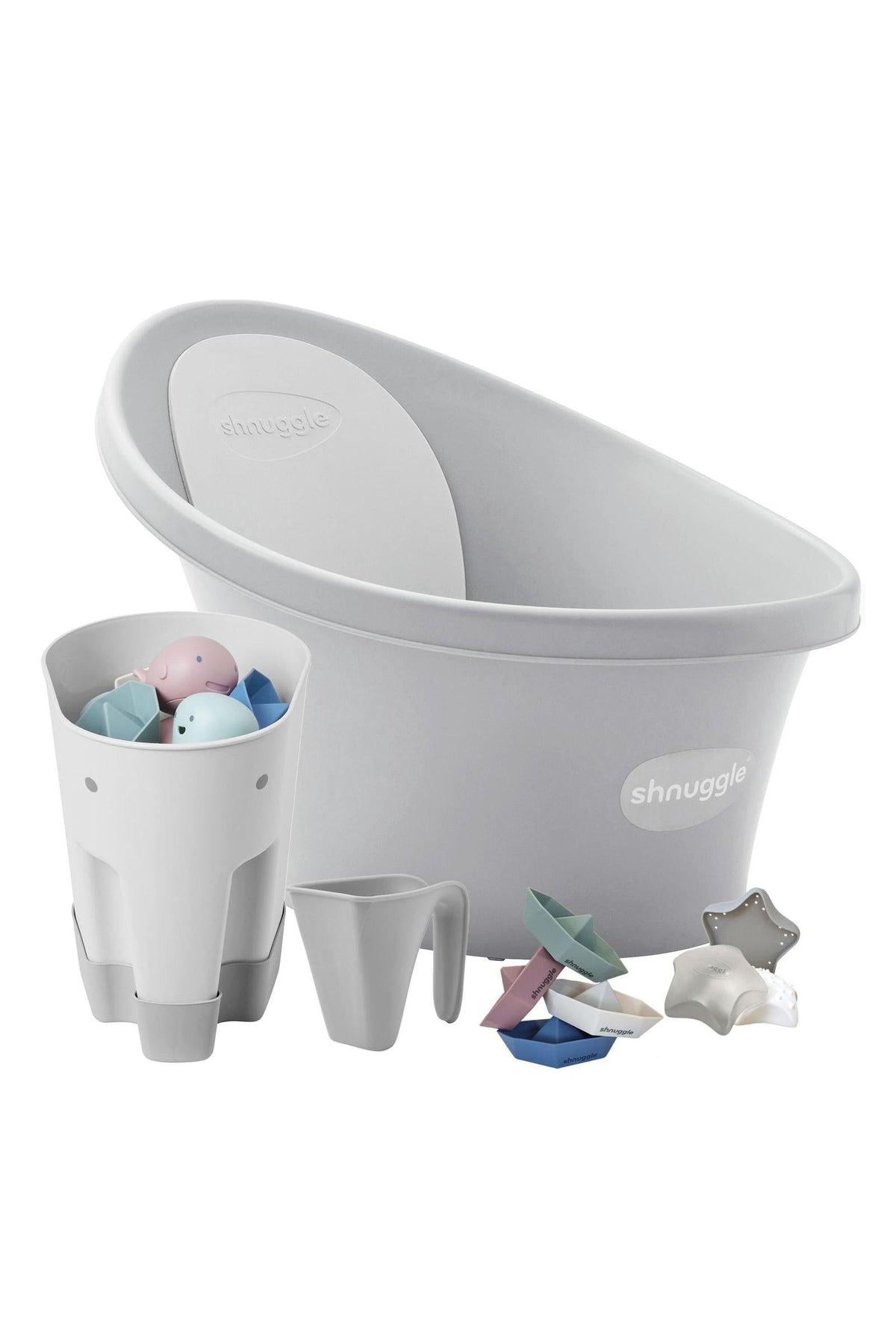 Gray Shnuggle baby bath with ergonomic design, accompanied by toys and accessories, ideal for newborns and toddlers.