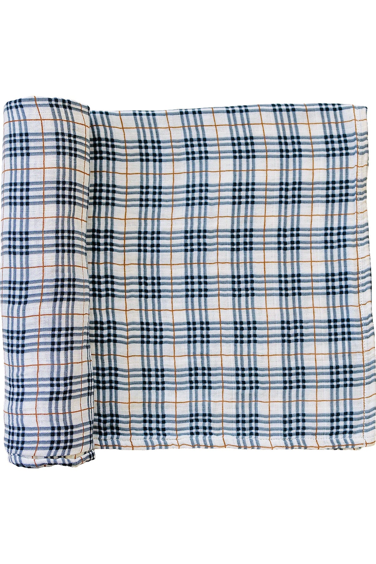 A rolled plaid muslin blanket featuring blue and orange check patterns on a white background, made from cotton.