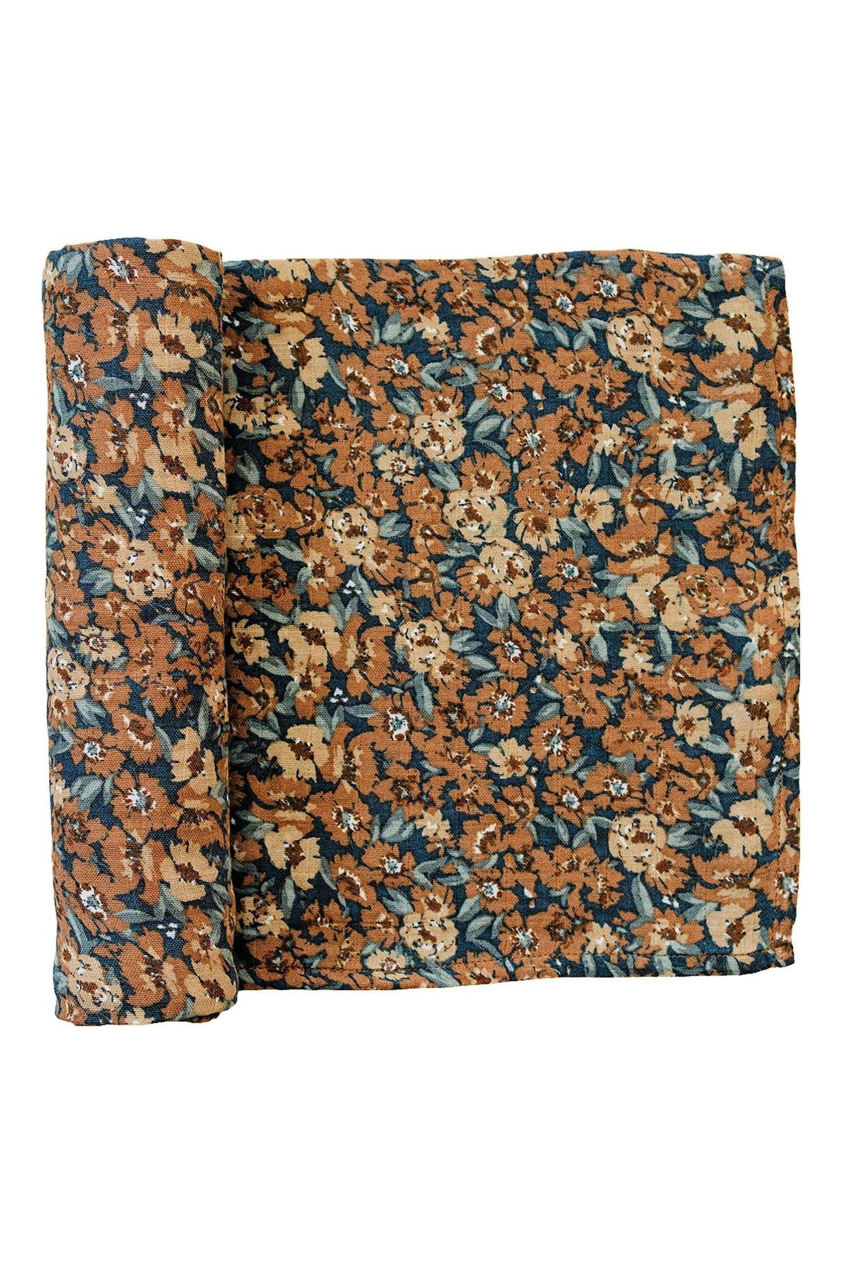 Floral swaddle blanket in earthy tones with intricate Venetian design, made from 100% cotton fabric.