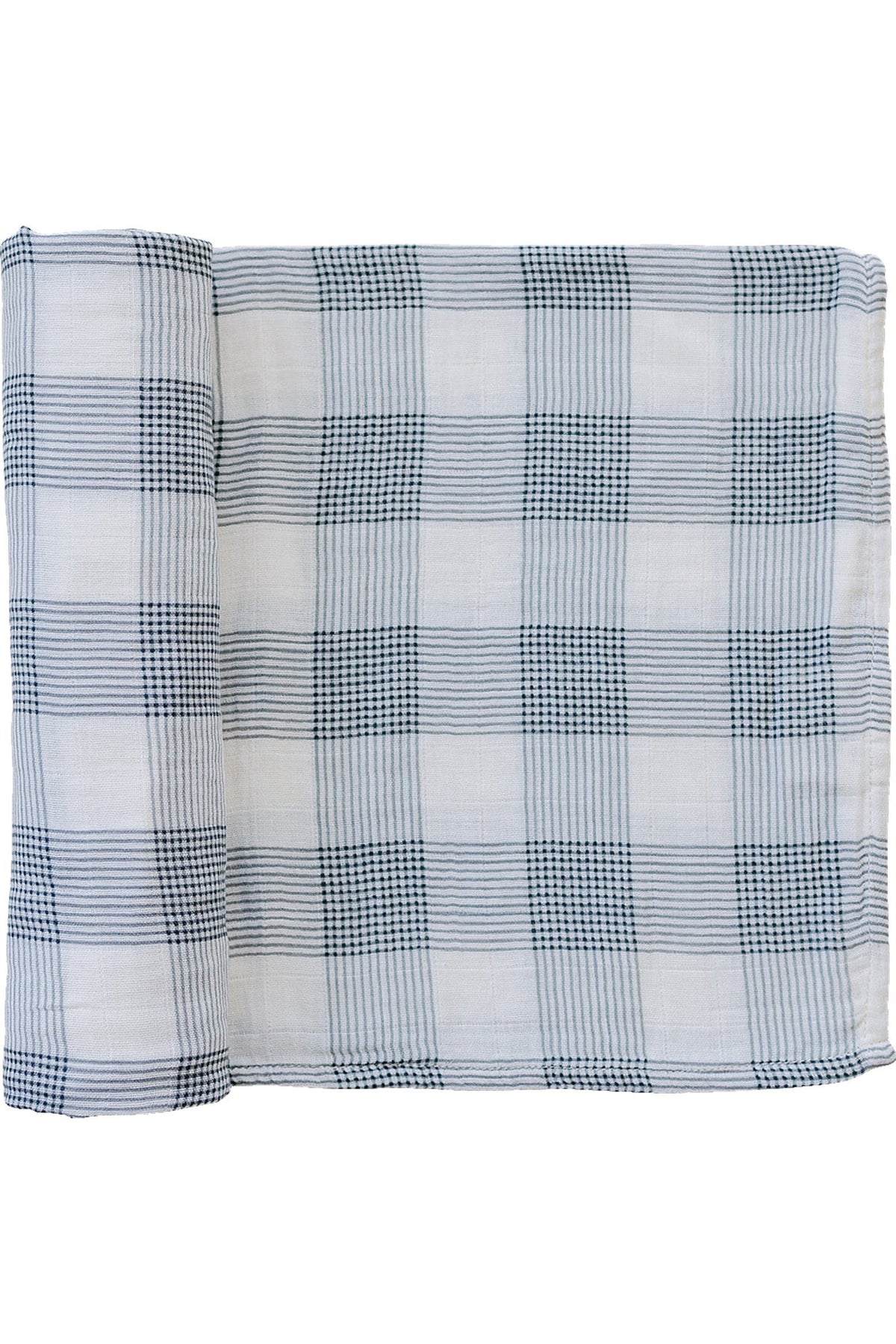 A rolled plaid muslin swaddle blanket with blue and white checkered pattern, made from 100% cotton.
