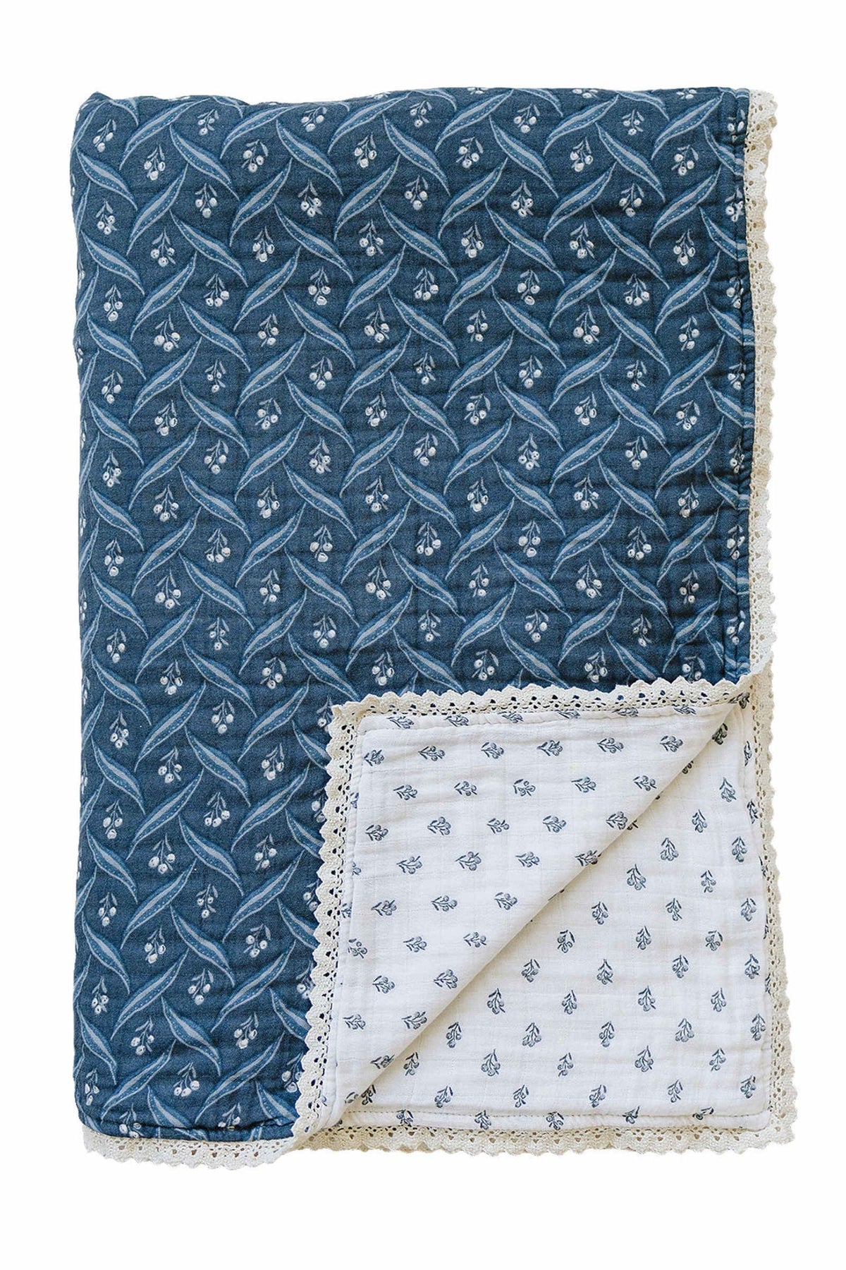 Blue quilt with white floral pattern, lace edges, and cream underside, showcasing folded corner detail.