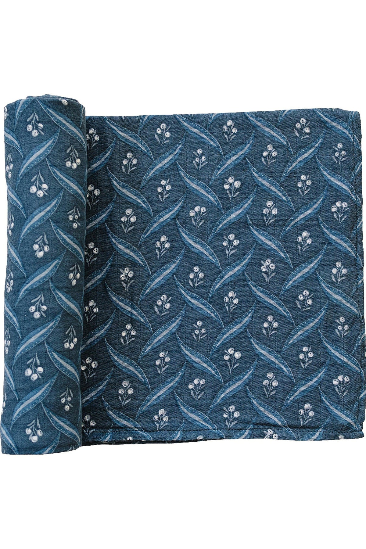 Navy muslin swaddle blanket with white berry pattern, rolled partially. Made from 100% cotton, eco-friendly baby essential.