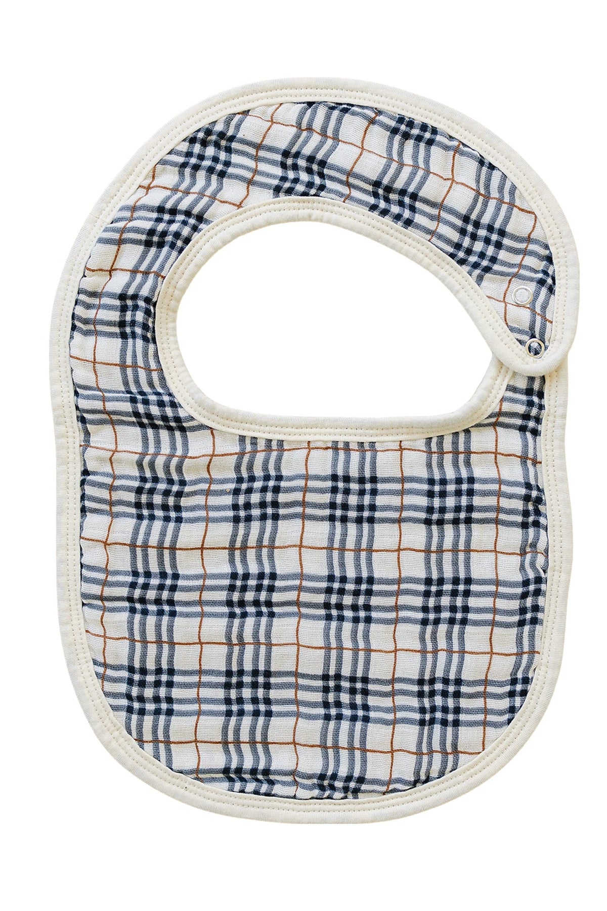 Plaid muslin baby bib with blue and brown check pattern, featuring a rounded shape and snap closure.