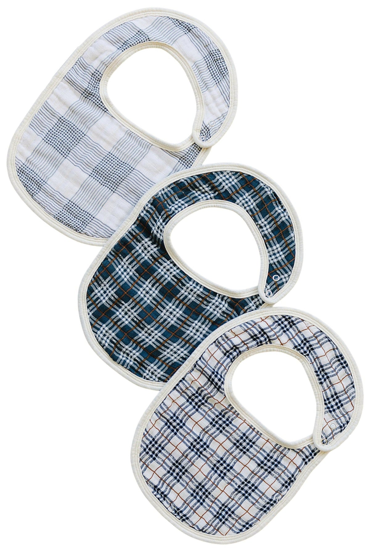 Three plaid muslin bibs in blue and white, featuring a rounded style with soft, absorbent cotton fabric.