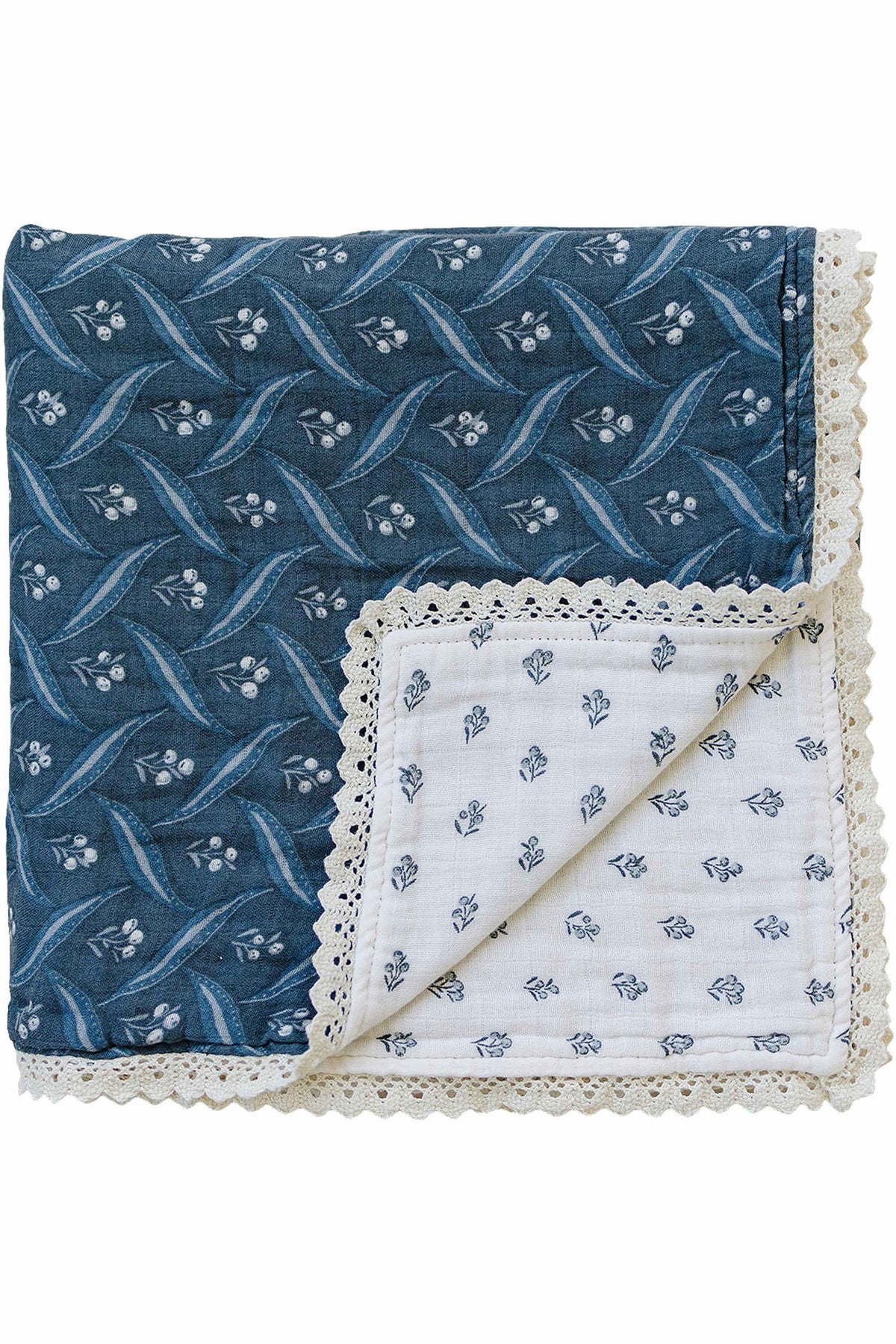 Navy Berry + Cream Berry Lace Muslin Crib Quilt  | 100% Cotton | Modern