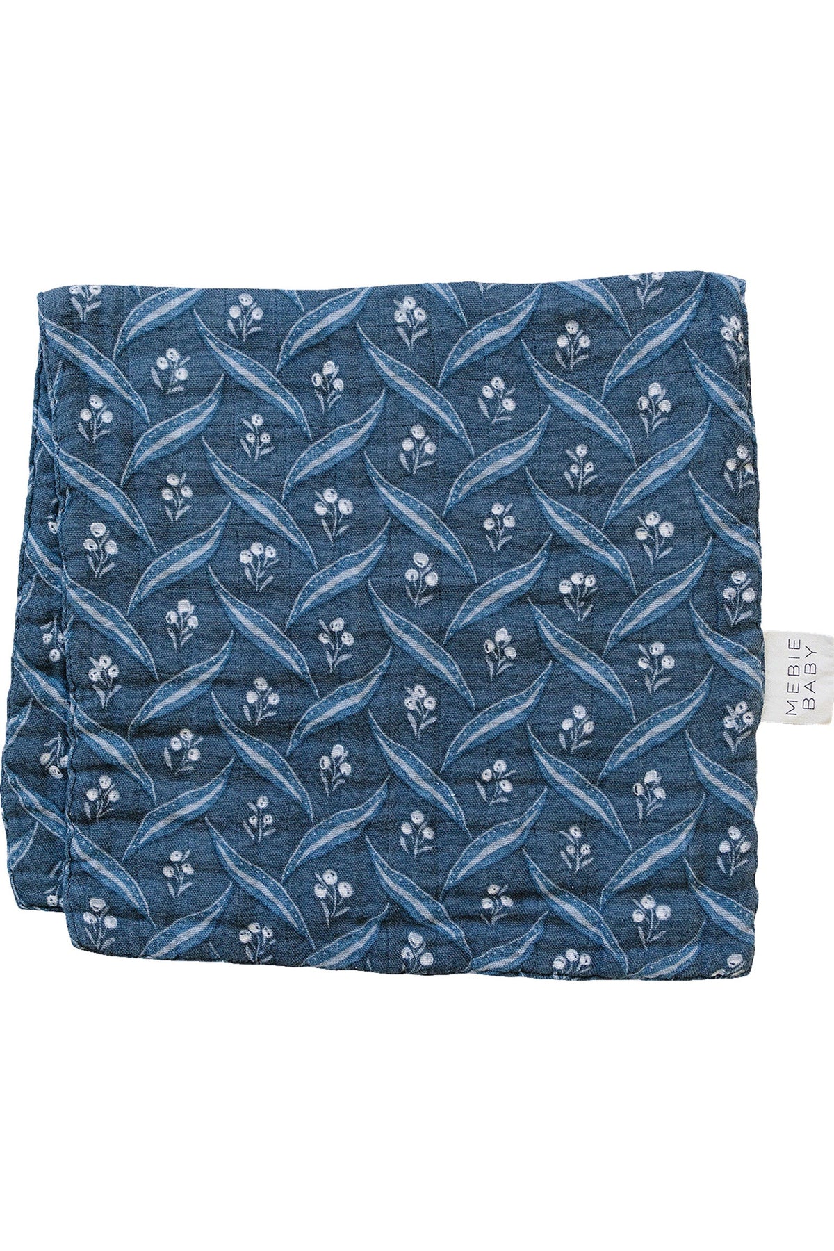 Navy blue muslin burp cloth with a white floral pattern, labeled Mebie Baby. Made from 100% cotton.