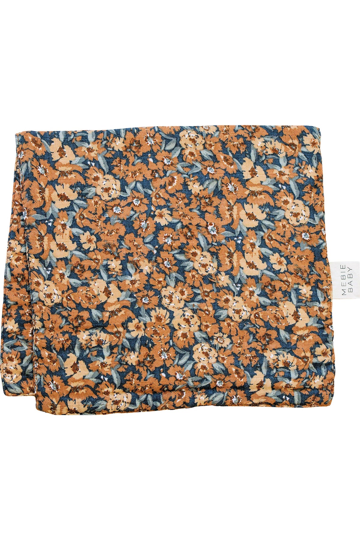 Floral-patterned muslin burp cloth in orange and blue tones, featuring a Mebie Baby label. Made from soft cotton.
