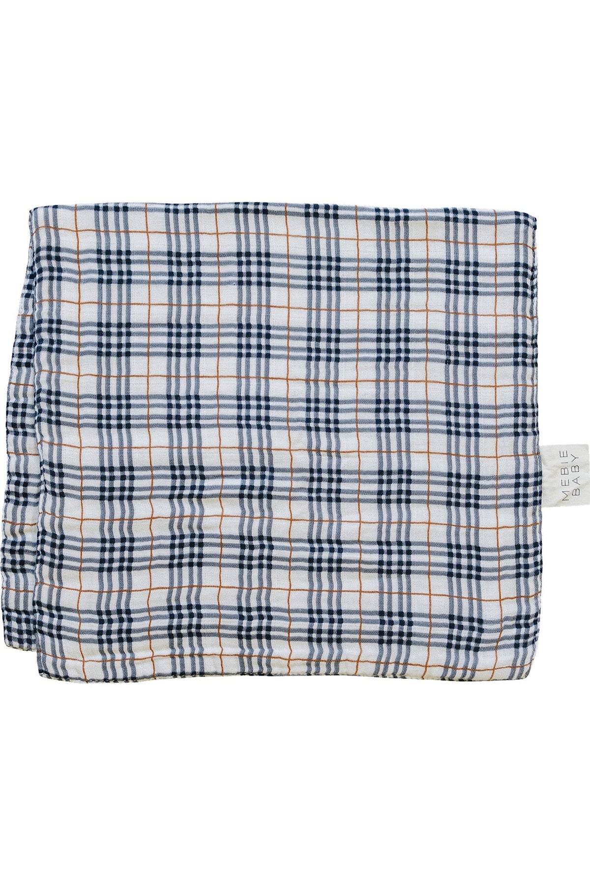 A folded plaid burp cloth with navy and orange stripes, made from soft muslin fabric. Mebie Baby label visible.
