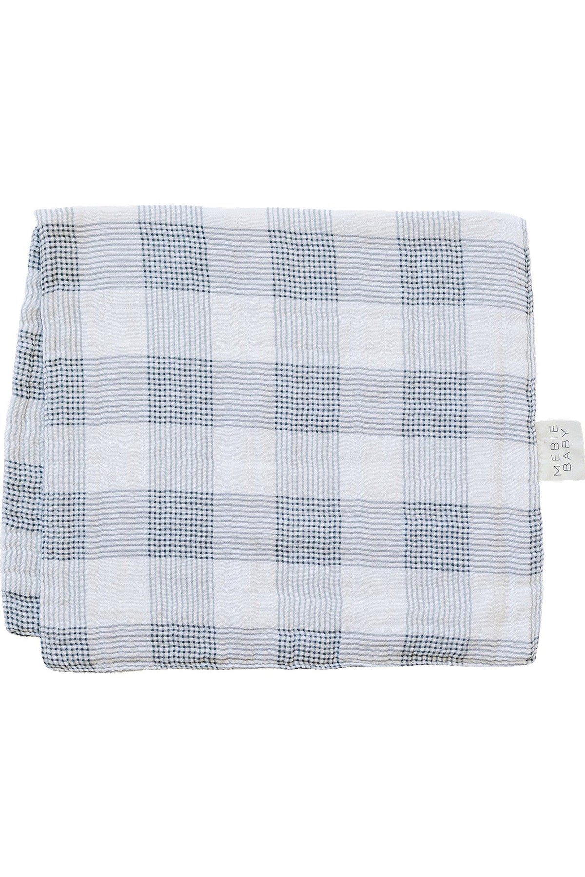White and gray plaid muslin burp cloth with a Mebie Baby label, showcasing a soft, absorbent texture.