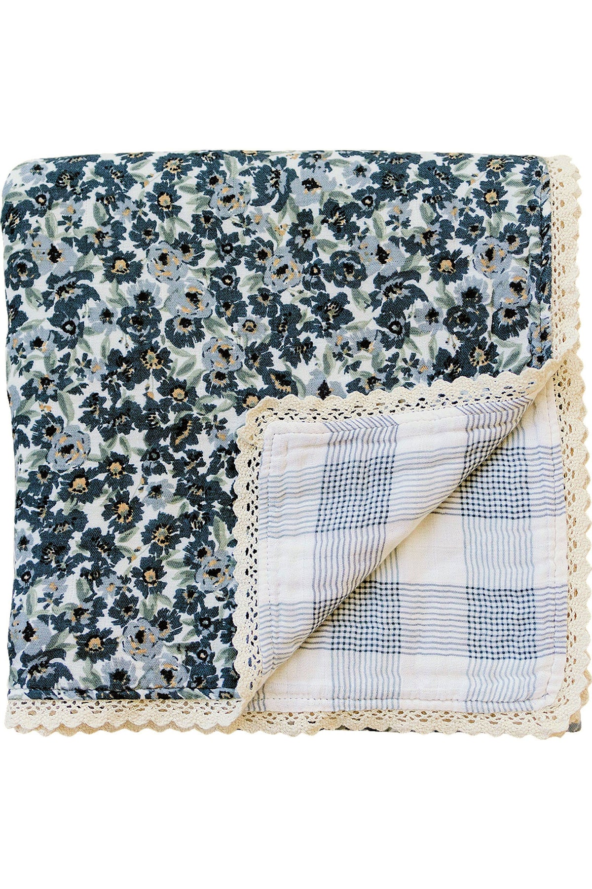 Floral and plaid muslin quilt with lace edges, featuring a dark floral pattern and blue plaid design.