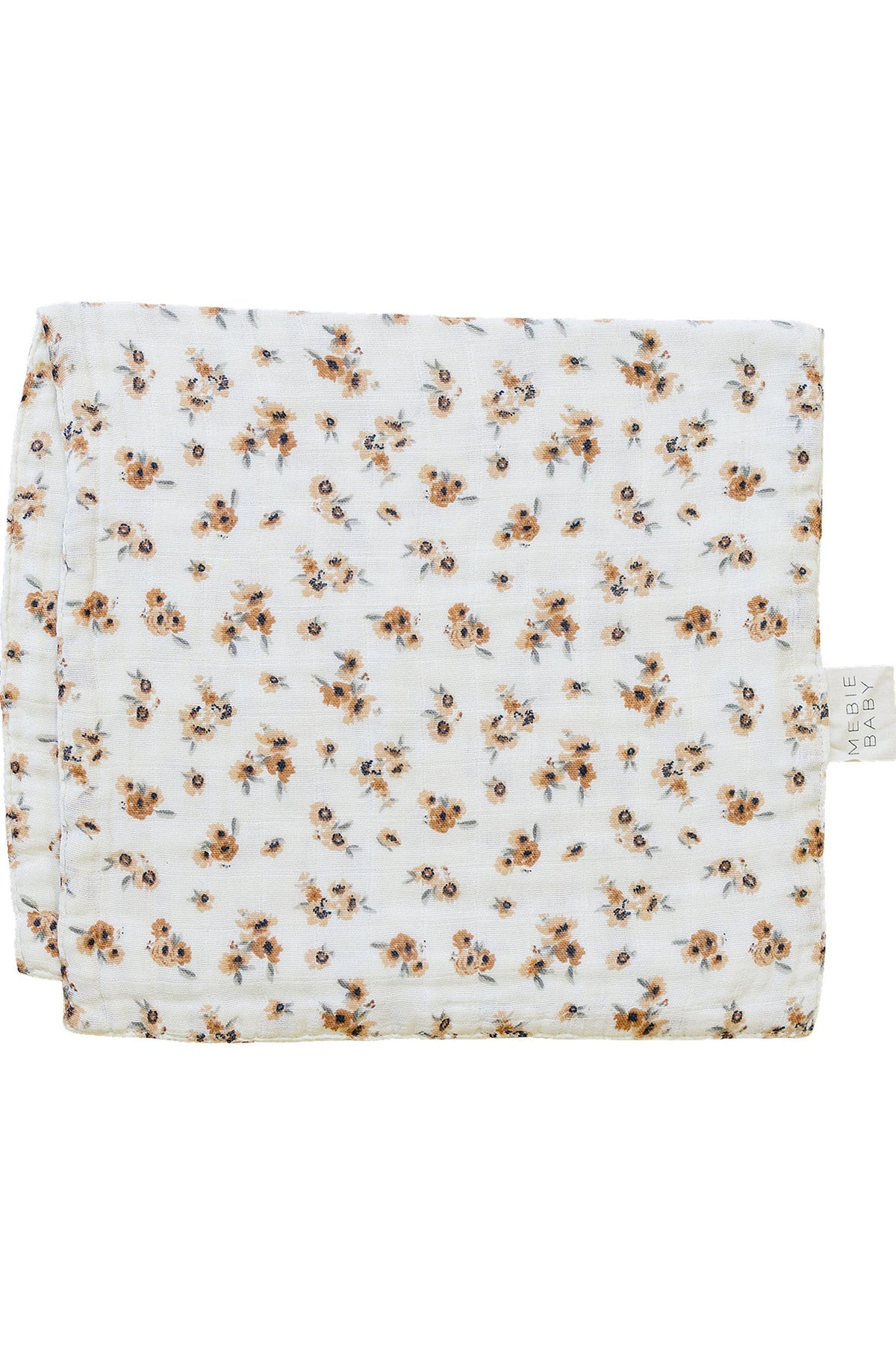 White muslin burp cloth with small orange floral print, featuring a Mebie Baby tag on the side.