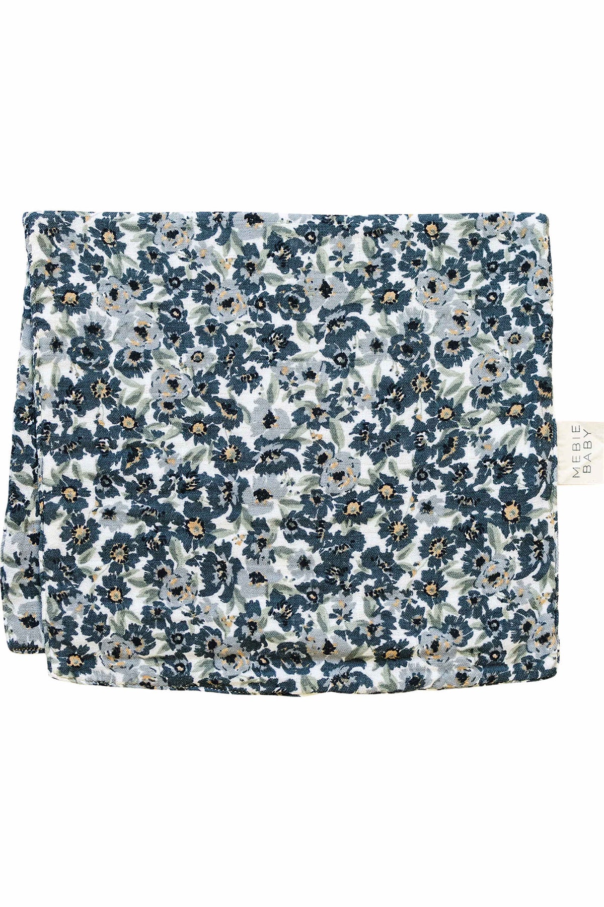 Floral muslin burp cloth with blue and green pattern, featuring a Mebie Baby label on the side.