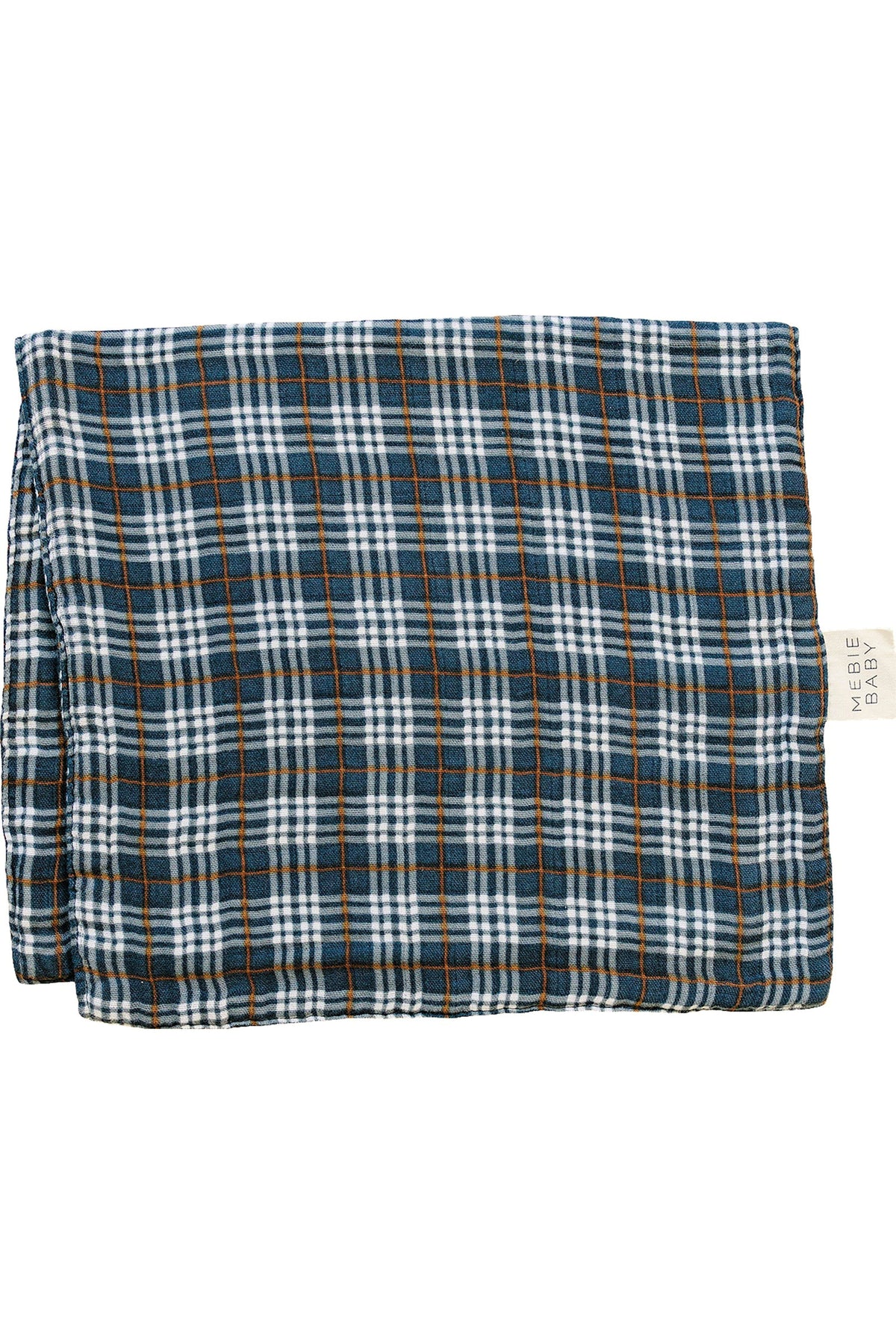 Navy plaid muslin burp cloth from Mebie Baby, featuring a soft, absorbent 100% cotton fabric. Ideal for stylish and practical use during your babys first year.