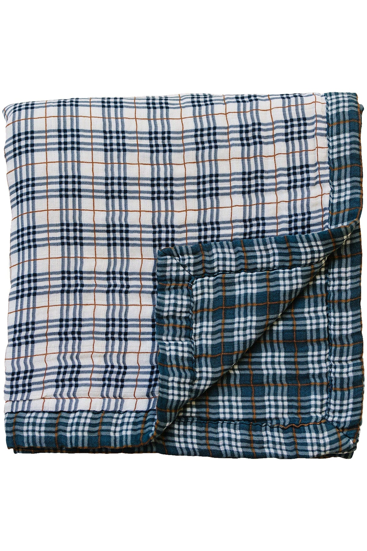 A folded plaid muslin quilt with navy and white checkered patterns, showcasing a soft, cozy texture.